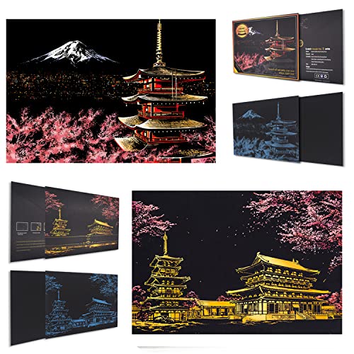 BOTEEN Rainbow Scratch Painting Paper By BOTEEN,City Series Night Scene,Scratch Painting Creative Gift,Scratchboard for Adult and Kids,with 4 Tools,Size:16''x11'' (Mount Fuji,Japan) - Image 1