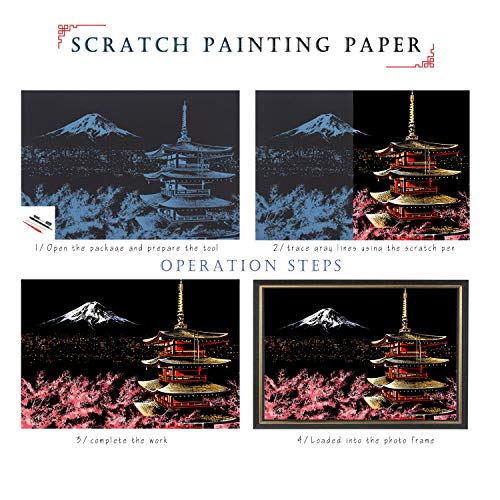 BOTEEN Rainbow Scratch Painting Paper By BOTEEN,City Series Night Scene,Scratch Painting Creative Gift,Scratchboard for Adult and Kids,with 4 Tools,Size:16''x11'' (Mount Fuji,Japan) - Image 5