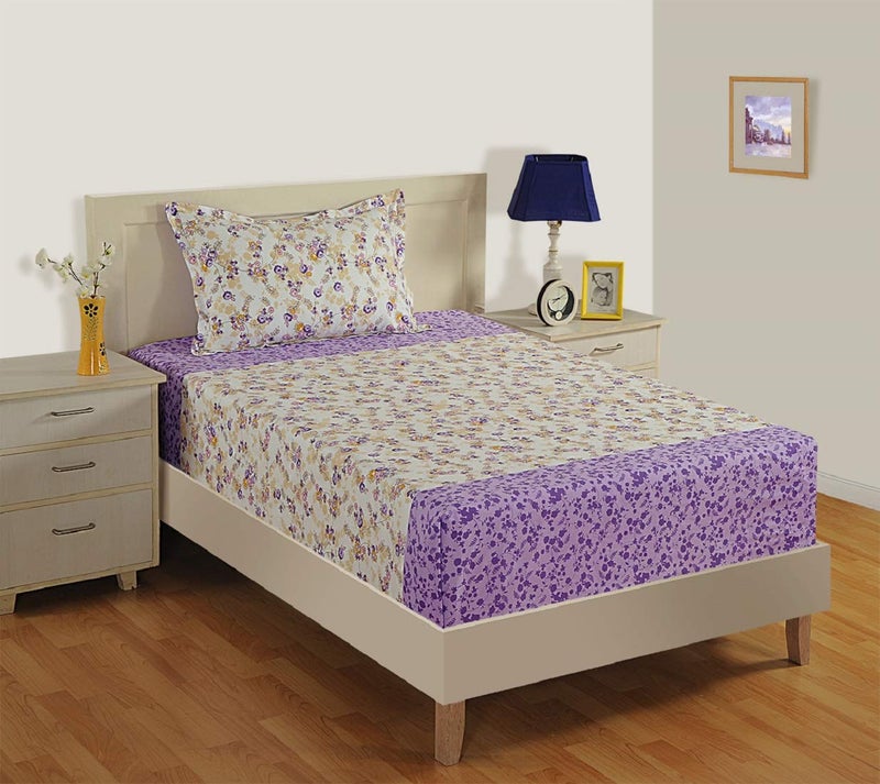 Swayam 160 TC Floral Print Cotton Extra Large Bed Sheet with 2 Pillow Cover - Purple, Off White, King Size (1364) - Image 2