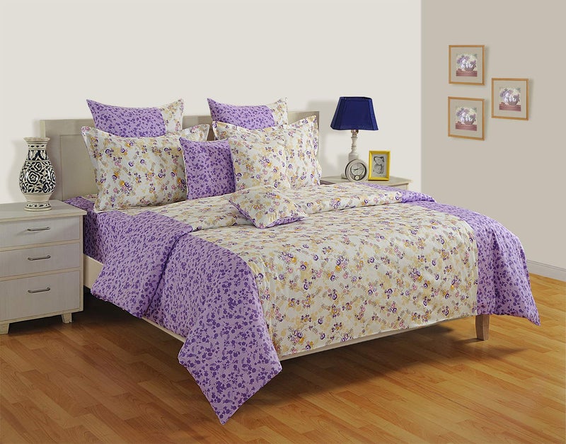 Swayam 160 TC Floral Print Cotton Extra Large Bed Sheet with 2 Pillow Cover - Purple, Off White, King Size (1364) - Image 1