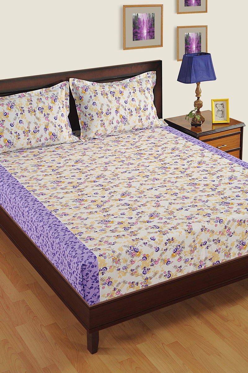Swayam 160 TC Floral Print Cotton Extra Large Bed Sheet with 2 Pillow Cover - Purple, Off White, King Size (1364) - Image 3