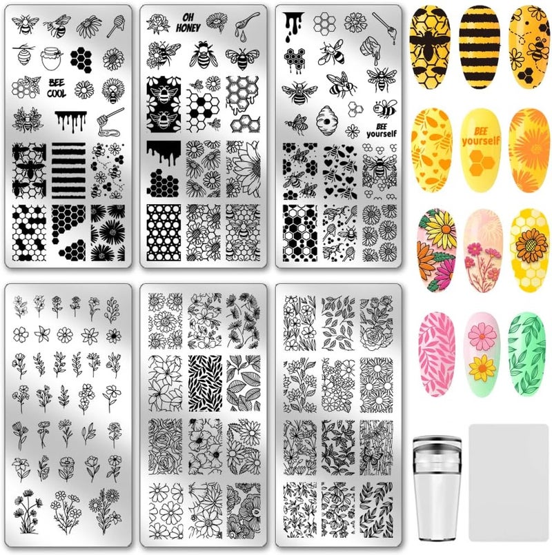 PH PandaHall 6pcs Bee Flower Nail Stamping Plates Honeycomb Theme Nails Art Designs Floral Leaves Manicure Art Stencil Sunflower Daisy Nail Design Template Nail Image Plate for Women Manicures Salon