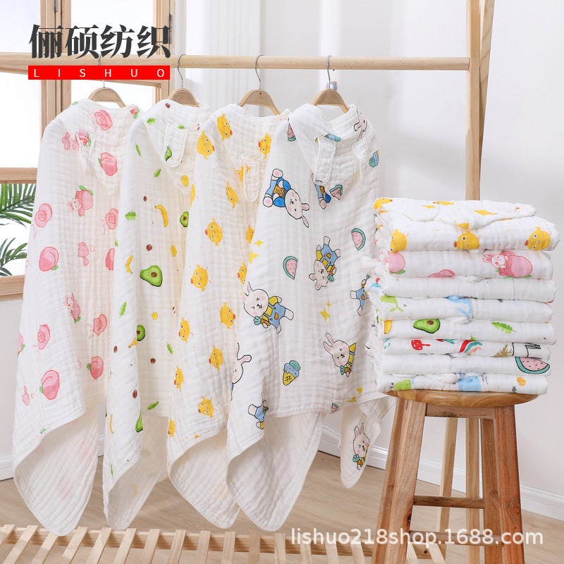 Infant Six-Layer Pure Cotton Gauze Hooded Bath Towel Cloak Baby Blanket Soft Breathable Absorbent Bath Wrap - Image 2