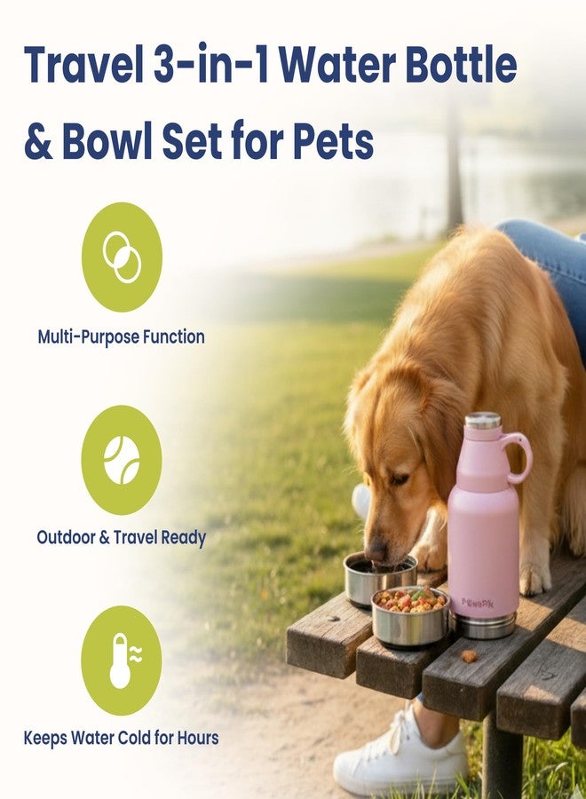 PawsPik 32oz 3-in-1 Travel Dog Water Bottle & Bowl Set – Stainless Steel Vacuum-Insulated Bottle with Detachable Food & Water Bowls, Leak-Proof, Keeps Water Cold 12hrs/Hot 6hrs (Cherry Blossom Pink) - Image 2