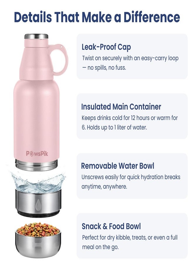 PawsPik 32oz 3-in-1 Travel Dog Water Bottle & Bowl Set – Stainless Steel Vacuum-Insulated Bottle with Detachable Food & Water Bowls, Leak-Proof, Keeps Water Cold 12hrs/Hot 6hrs (Cherry Blossom Pink) - Image 4