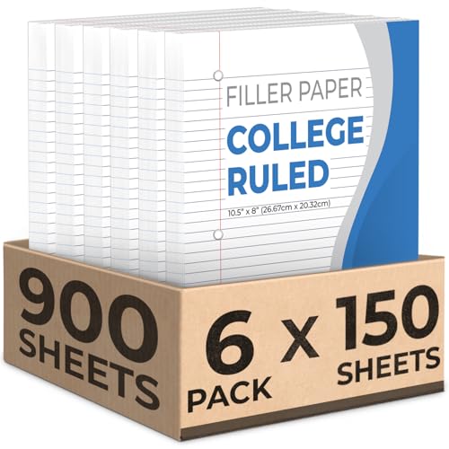 Rosmonde Loose Leaf Paper 900 Sheets 6 Pack College Ruled 8 x 105 Bulk Office Filler Paper 3 Hole Punched 150 SheetsPack College Ruled Paper for 3 Ring Binder Notebook Paper White - Image 1