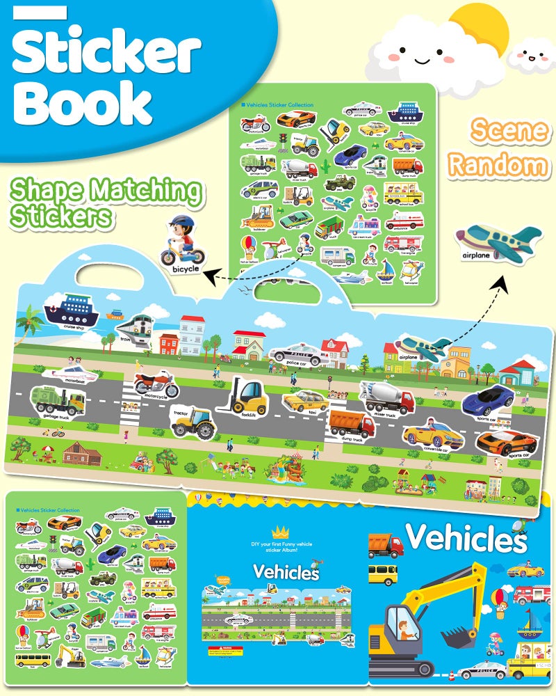 Benresive Reusable Sticker Book for Toddlers 2-4 Years, Fun Travel Stickers for Kids, Waterproof Sticker Books for Toddlers 1-3, Crafts Activities for Todddlers 1-3 2-4 3-5 - Vehicle - Image 2