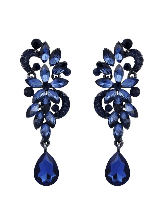BriLove Wedding Bridal Dangle Earrings For Women Bohemian Boho Crystal Flower Chandelier Teardrop Bling Earrings Navy Blue Sapphire Color Blacksilvertone. - Image 1