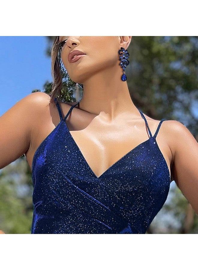 BriLove Wedding Bridal Dangle Earrings For Women Bohemian Boho Crystal Flower Chandelier Teardrop Bling Earrings Navy Blue Sapphire Color Blacksilvertone. - Image 3