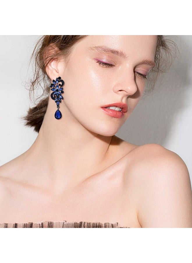 BriLove Wedding Bridal Dangle Earrings For Women Bohemian Boho Crystal Flower Chandelier Teardrop Bling Earrings Navy Blue Sapphire Color Blacksilvertone. - Image 2