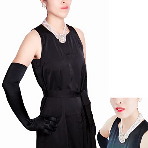 ROFIFY Audrey Hepburn Style Inspired Breakfast at Tiffany's Holly Golightly Vintage Necklace,Earrings, Long Black Holder, Black Opera Gloves 1920s Costume Jewelry accessories Set CLIP - Image 2