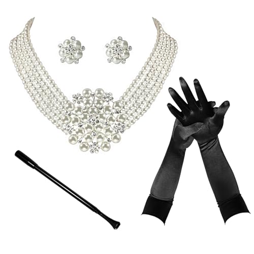 ROFIFY Audrey Hepburn Style Inspired Breakfast at Tiffany's Holly Golightly Vintage Necklace,Earrings, Long Black Holder, Black Opera Gloves 1920s Costume Jewelry accessories Set CLIP - Image 1
