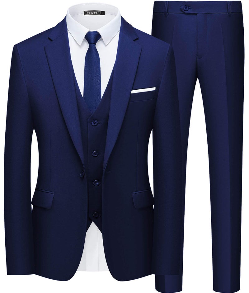 WULFUL Men’s Slim Fit Suit One Button 3-Piece Blazer Dress Business Wedding Party Jacket Vest & Pant Blue - Image 1