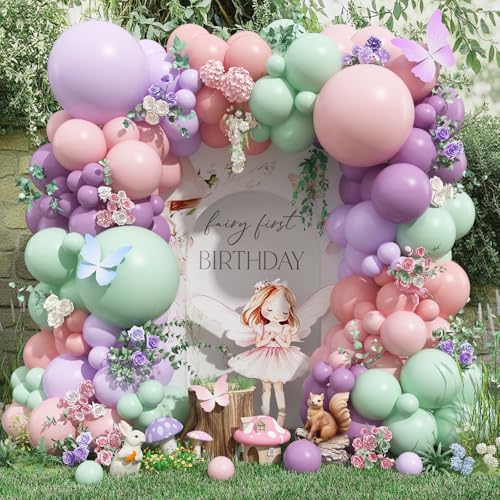 Froova Fairy Wonderland Balloon Arch Kit 128Pcs Pastel Pink Purple Green Balloon Garland Kit for Baby Girls Fairy First Birthday Spring Garden Tea Party Bride Baby Shower - Image 1