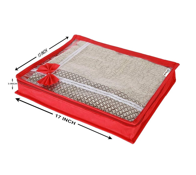 DIKHAWA 24 Piece Transparent View Non Woven Flower Design Attractive bow Saree Cover Storage Bags Cloth Cover 80gsm fabric 17X13X3 IN_RED - Image 3