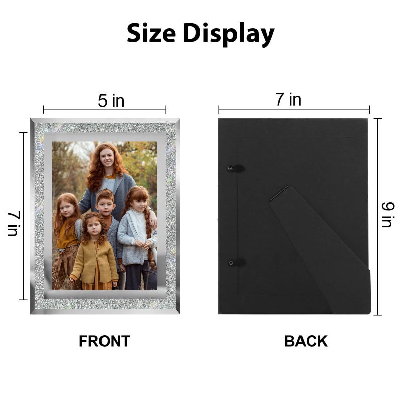 HIKWADERY 5x7 Picture Frames Silver - Set of 4  Sparkle Real Glass 5 by 7 Photo Frame Mirrored Edge Great Gift  for Tabletop or Wall Display (5 x 7  Glitter Silver) - Image 5