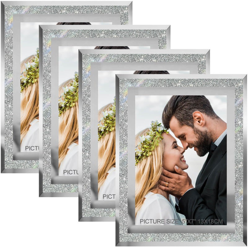 HIKWADERY 5x7 Picture Frames Silver - Set of 4  Sparkle Real Glass 5 by 7 Photo Frame Mirrored Edge Great Gift  for Tabletop or Wall Display (5 x 7  Glitter Silver) - Image 1
