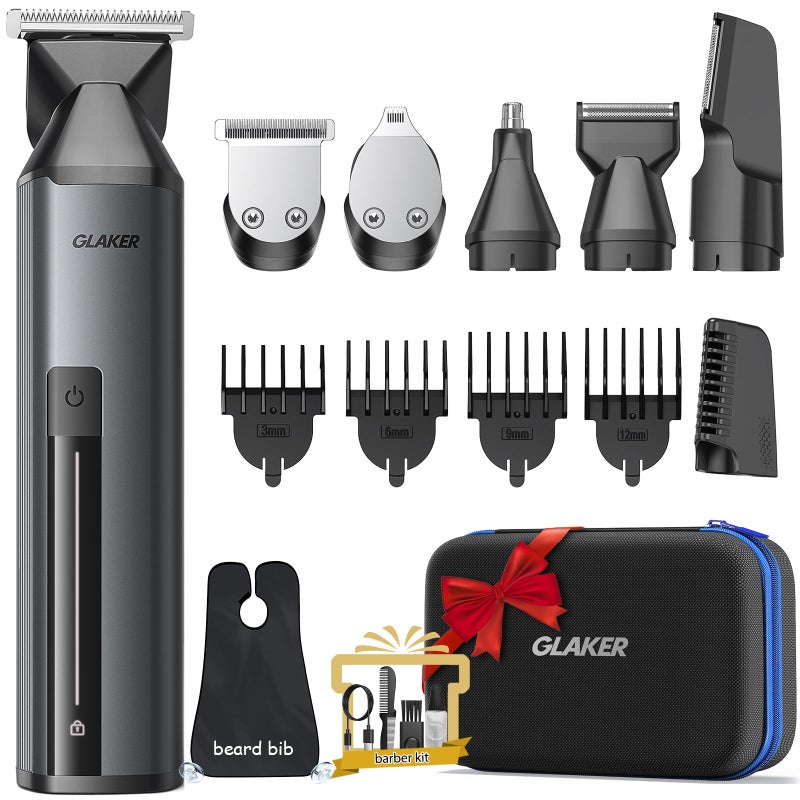GLAKER Beard Trimmer for MenCordless Hair TrimmerElectric Razor with Interchangeable Magnetic Attachments for Hair Body Facial Trimming6 in 1 Men Gromming Kit with Storage Bag and Beard Bib Apron
