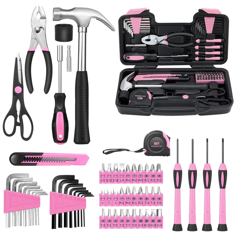 GETFOO 58-Piece household tool Set for home, General Household Hand Kit for home with Storage Toolbox, All Purpose Small Basic Tool kit for Women, Girls and Ladies,Pink - Image 1