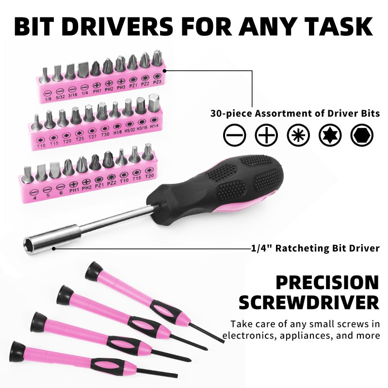 GETFOO 58-Piece household tool Set for home, General Household Hand Kit for home with Storage Toolbox, All Purpose Small Basic Tool kit for Women, Girls and Ladies,Pink - Image 3