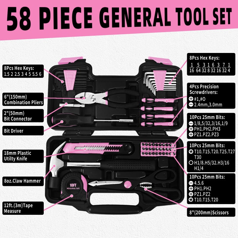 GETFOO 58-Piece household tool Set for home, General Household Hand Kit for home with Storage Toolbox, All Purpose Small Basic Tool kit for Women, Girls and Ladies,Pink - Image 4