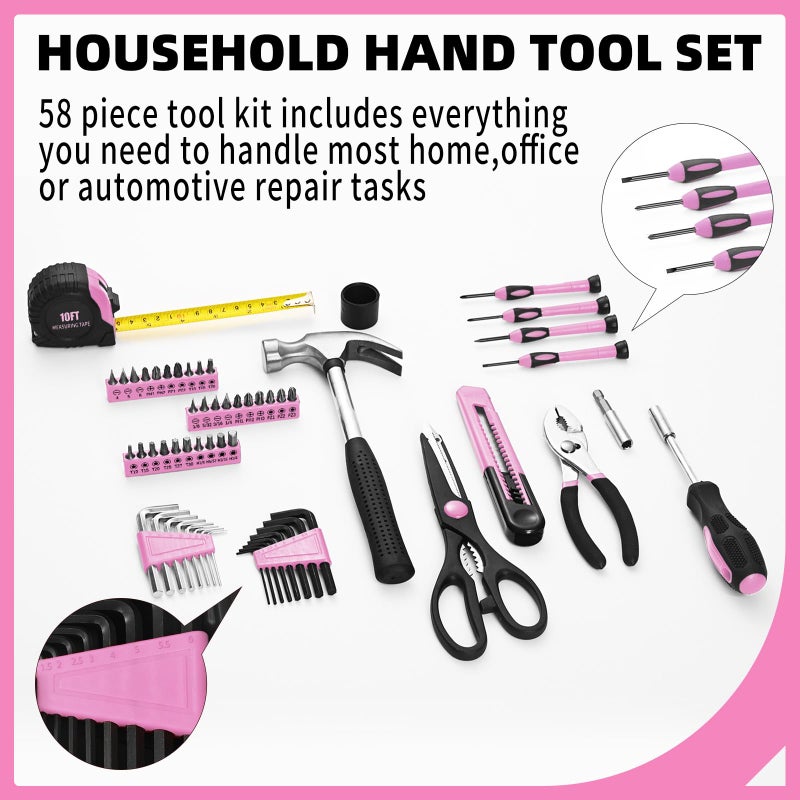 GETFOO 58-Piece household tool Set for home, General Household Hand Kit for home with Storage Toolbox, All Purpose Small Basic Tool kit for Women, Girls and Ladies,Pink - Image 2
