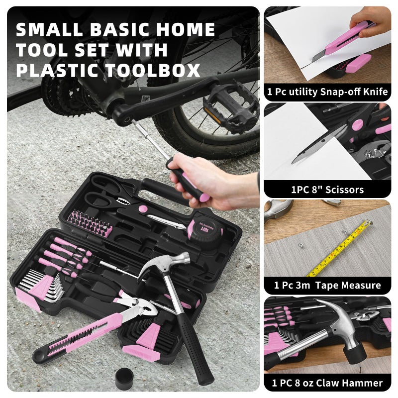 GETFOO 58-Piece household tool Set for home, General Household Hand Kit for home with Storage Toolbox, All Purpose Small Basic Tool kit for Women, Girls and Ladies,Pink - Image 5