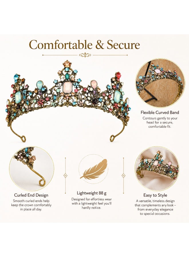 SRLIWHITE Vintage Tiara Crown for Women, Antique Gold Rhinestone Half Crown, Colorful Alloy Headpiece, Bridal Hair Accessory for Photoshoot Prom Costume Styling - Image 5