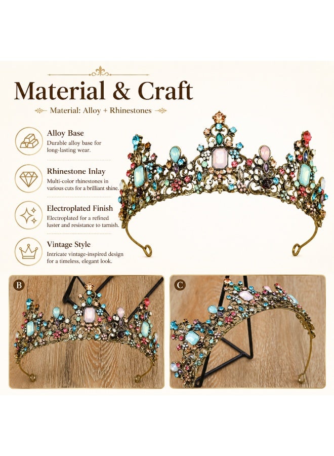 SRLIWHITE Vintage Tiara Crown for Women, Antique Gold Rhinestone Half Crown, Colorful Alloy Headpiece, Bridal Hair Accessory for Photoshoot Prom Costume Styling - Image 3
