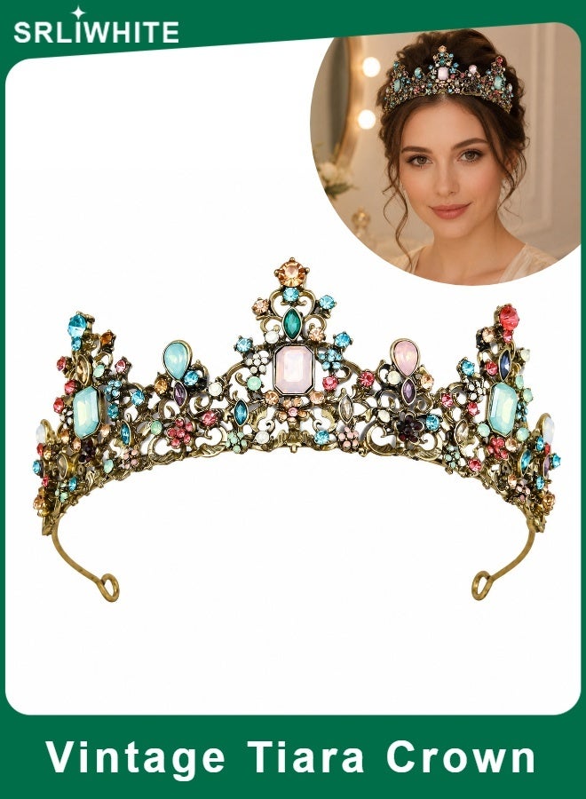 SRLIWHITE Vintage Tiara Crown for Women, Antique Gold Rhinestone Half Crown, Colorful Alloy Headpiece, Bridal Hair Accessory for Photoshoot Prom Costume Styling - Image 1