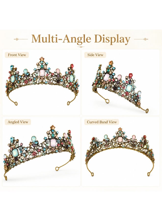 SRLIWHITE Vintage Tiara Crown for Women, Antique Gold Rhinestone Half Crown, Colorful Alloy Headpiece, Bridal Hair Accessory for Photoshoot Prom Costume Styling - Image 4