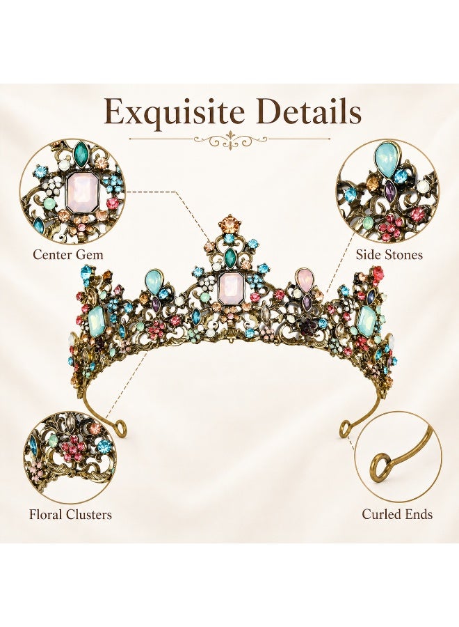 SRLIWHITE Vintage Tiara Crown for Women, Antique Gold Rhinestone Half Crown, Colorful Alloy Headpiece, Bridal Hair Accessory for Photoshoot Prom Costume Styling - Image 2