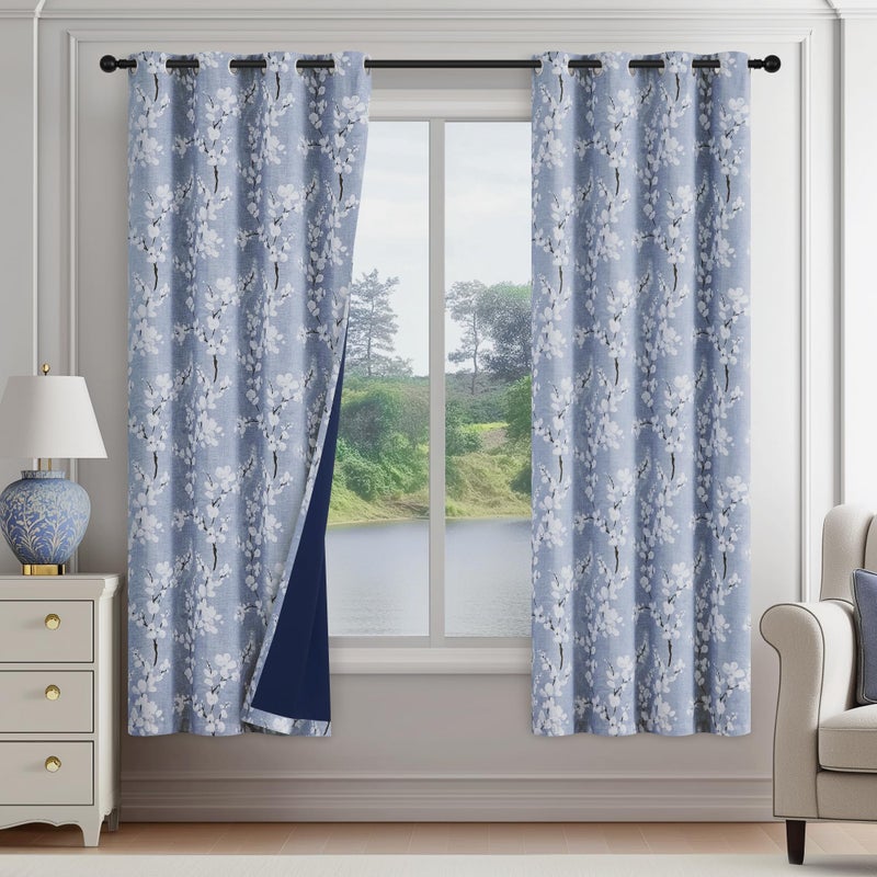 FMFUNCTEX 100% Blackout Floral Curtains for Bedroom, Blue Curtains 63 inch Length Blossom Flower Patterned for Living Room, Thermal Insulated Farmhouse Drapes, Grommet Top 2 Panels (White on Blue) - Image 1