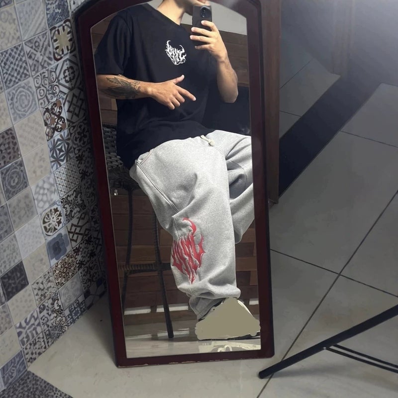 Women's Gray Flame Embroidered Sweatpants Loose Joggers - Image 3