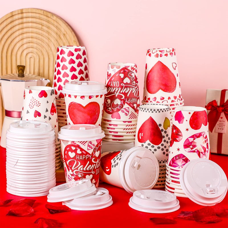Funtery 48 Set 12 Oz Valentine's Day Paper Coffee Cups with Lids Valentines Disposable Paper Cups Hot Cocoa Party Supplies for Coffee Tea Beverage,6 Styles - Image 1