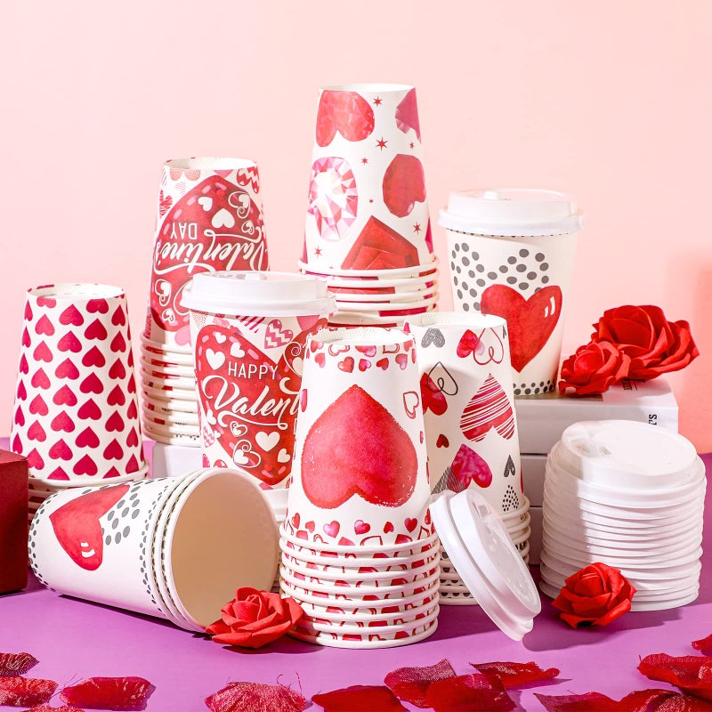 Funtery 48 Set 12 Oz Valentine's Day Paper Coffee Cups with Lids Valentines Disposable Paper Cups Hot Cocoa Party Supplies for Coffee Tea Beverage,6 Styles - Image 2