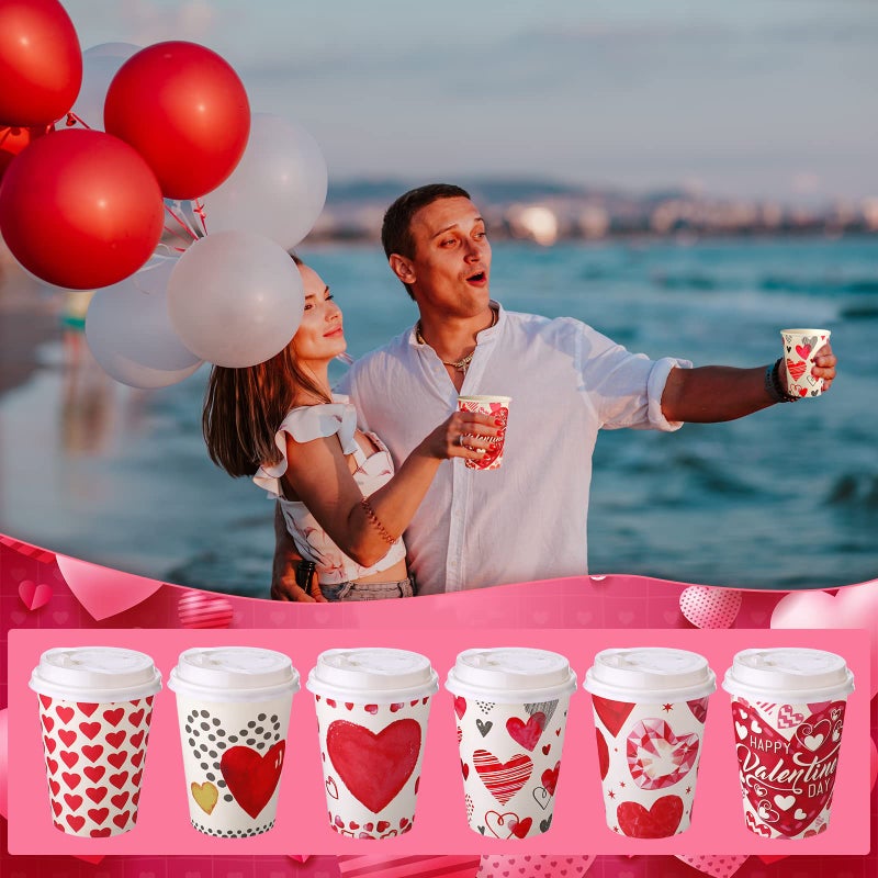 Funtery 48 Set 12 Oz Valentine's Day Paper Coffee Cups with Lids Valentines Disposable Paper Cups Hot Cocoa Party Supplies for Coffee Tea Beverage,6 Styles - Image 4
