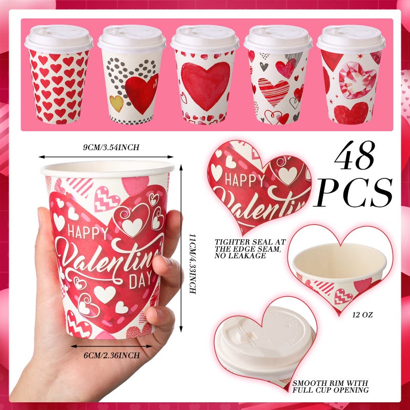Funtery 48 Set 12 Oz Valentine's Day Paper Coffee Cups with Lids Valentines Disposable Paper Cups Hot Cocoa Party Supplies for Coffee Tea Beverage,6 Styles - Image 3