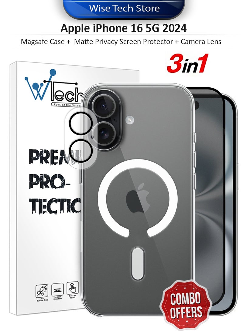 دبليو تيك هاتف آيفون 16 من آبل 5G 2024 مع حزمة حماية 3 في 1، غطاء شفاف مضاد للصدمات مع ماجسيف، واقي شاشة مات نهائي للخصوصية، وواقي عدسة الكاميرا بحماية 360، تركيب سهل - شفاف/أسود - Image 1