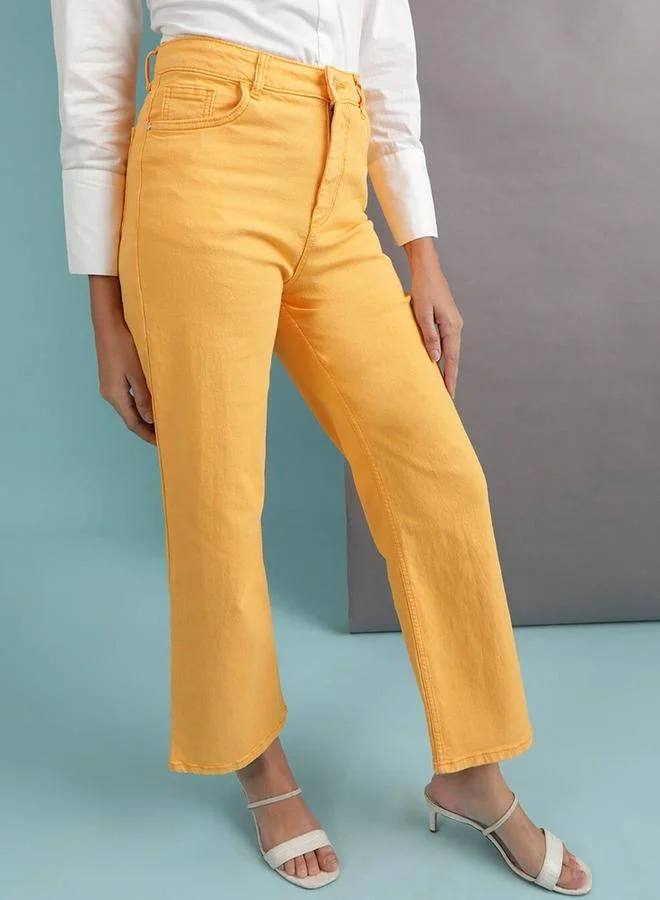 فري هاند Yellow Wide Leg High-Rise Stretchable Jeans