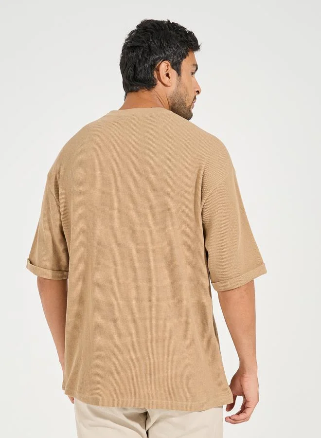 Styli Waffle Knit Oversized T-Shirt with Turn Up Sleeve