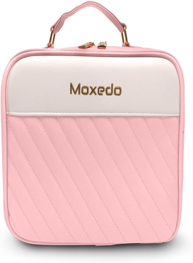 موكسيدو حقيبة مكياج محمولة 2 في 1 من موكسيدو مع مرآة إضاءة LED مدمجة ومنظم مكياج بثلاثة ألوان مع مقسم قابل للتعديل لتخزين مستحضرات التجميل (وردي) - Image 1