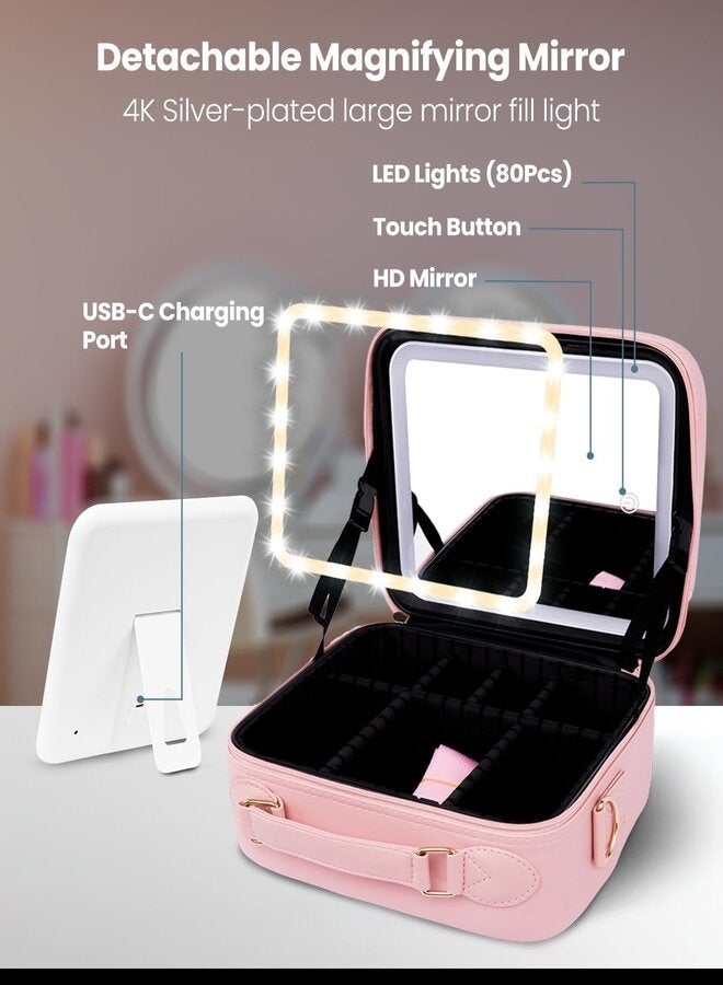 موكسيدو حقيبة مكياج محمولة 2 في 1 من موكسيدو مع مرآة إضاءة LED مدمجة ومنظم مكياج بثلاثة ألوان مع مقسم قابل للتعديل لتخزين مستحضرات التجميل (وردي) - Image 2