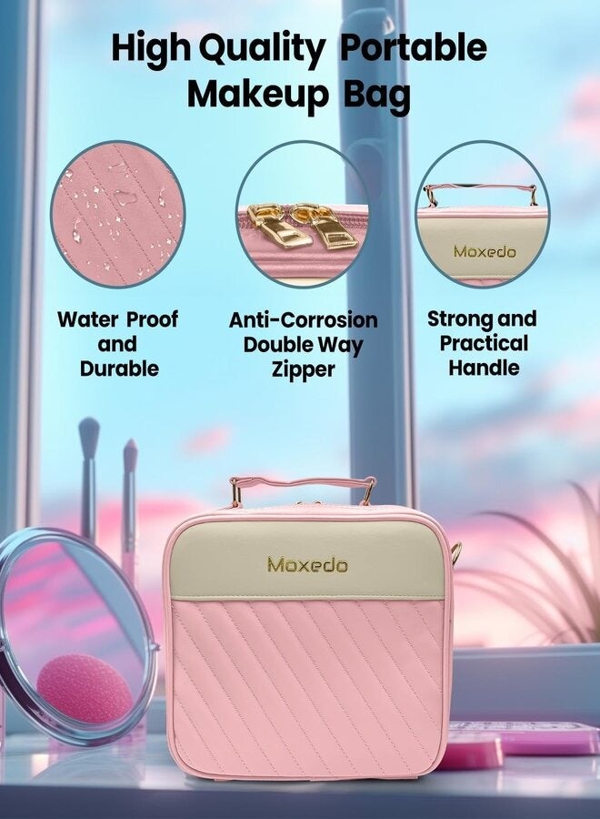 موكسيدو حقيبة مكياج محمولة 2 في 1 من موكسيدو مع مرآة إضاءة LED مدمجة ومنظم مكياج بثلاثة ألوان مع مقسم قابل للتعديل لتخزين مستحضرات التجميل (وردي) - Image 3
