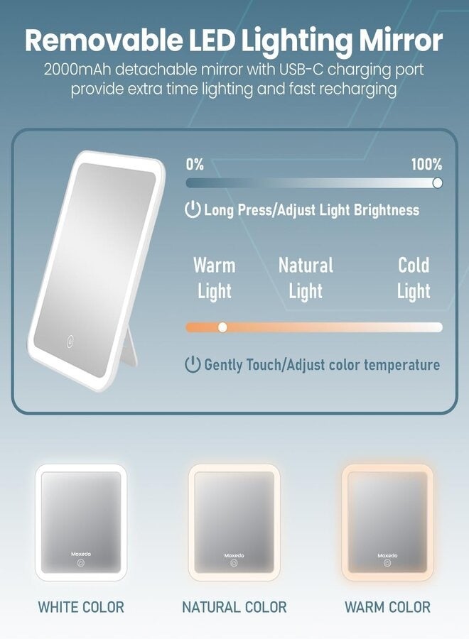 موكسيدو حقيبة مكياج محمولة 2 في 1 من موكسيدو مع مرآة إضاءة LED مدمجة ومنظم مكياج بثلاثة ألوان مع مقسم قابل للتعديل لتخزين مستحضرات التجميل (وردي) - Image 4