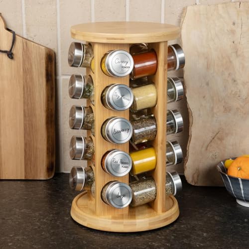 Orii 20 Jar Bamboo Spice Rack with Spices Included - Rotating Tower Organizer for Kitchen Spices and Seasonings, (Bamboo Wood) - Image 4
