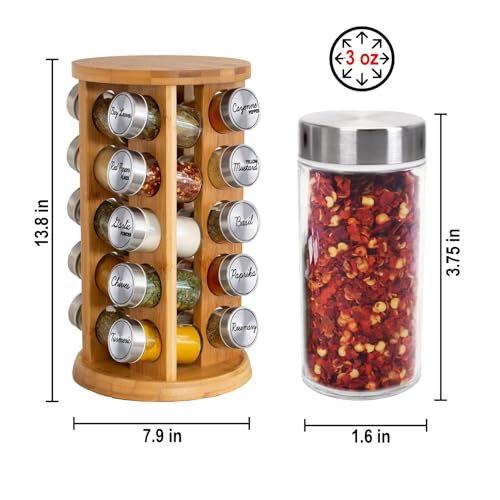 Orii 20 Jar Bamboo Spice Rack with Spices Included - Rotating Tower Organizer for Kitchen Spices and Seasonings, (Bamboo Wood) - Image 3