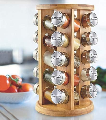 Orii 20 Jar Bamboo Spice Rack with Spices Included - Rotating Tower Organizer for Kitchen Spices and Seasonings, (Bamboo Wood) - Image 2