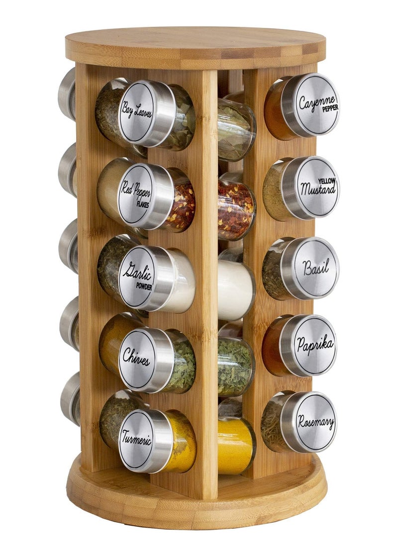 Orii 20 Jar Bamboo Spice Rack with Spices Included - Rotating Tower Organizer for Kitchen Spices and Seasonings, (Bamboo Wood) - Image 1