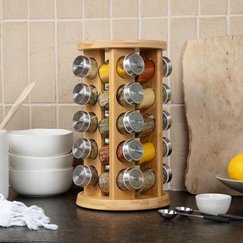 Orii 20 Jar Bamboo Spice Rack with Spices Included - Rotating Tower Organizer for Kitchen Spices and Seasonings, (Bamboo Wood) - Image 5